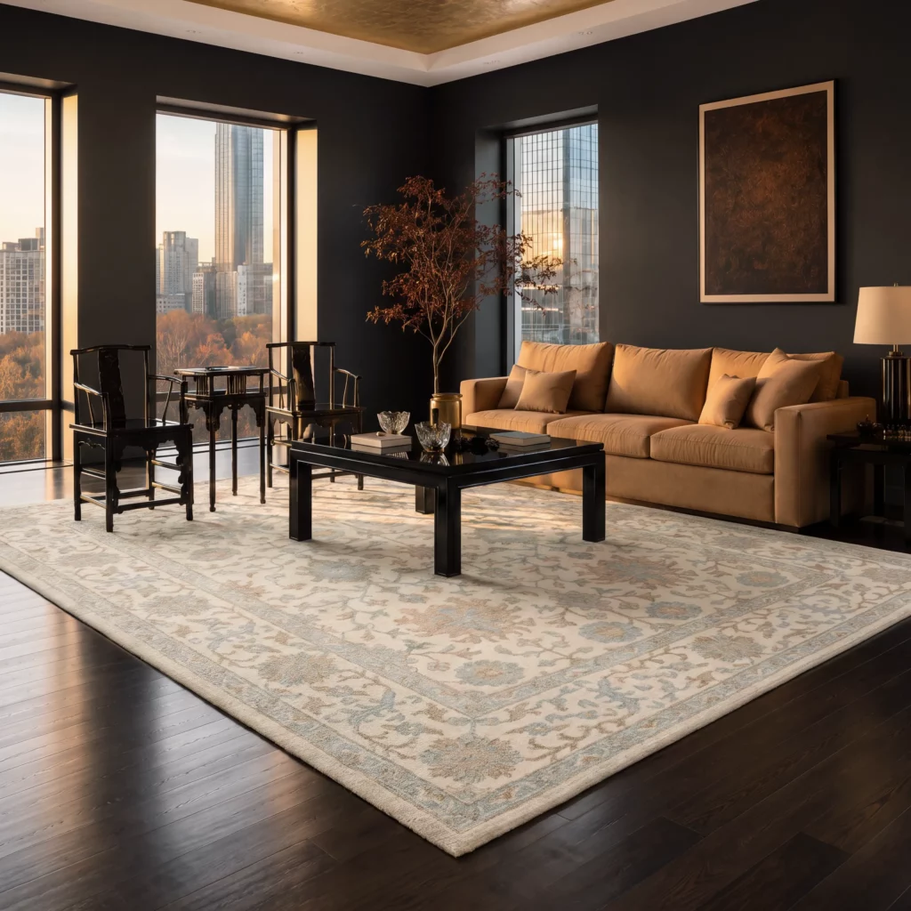 Celia CIA01 Ivory rug with Oushak-style florals and a classic border in a dark, dramatic living room with a tan sofa.