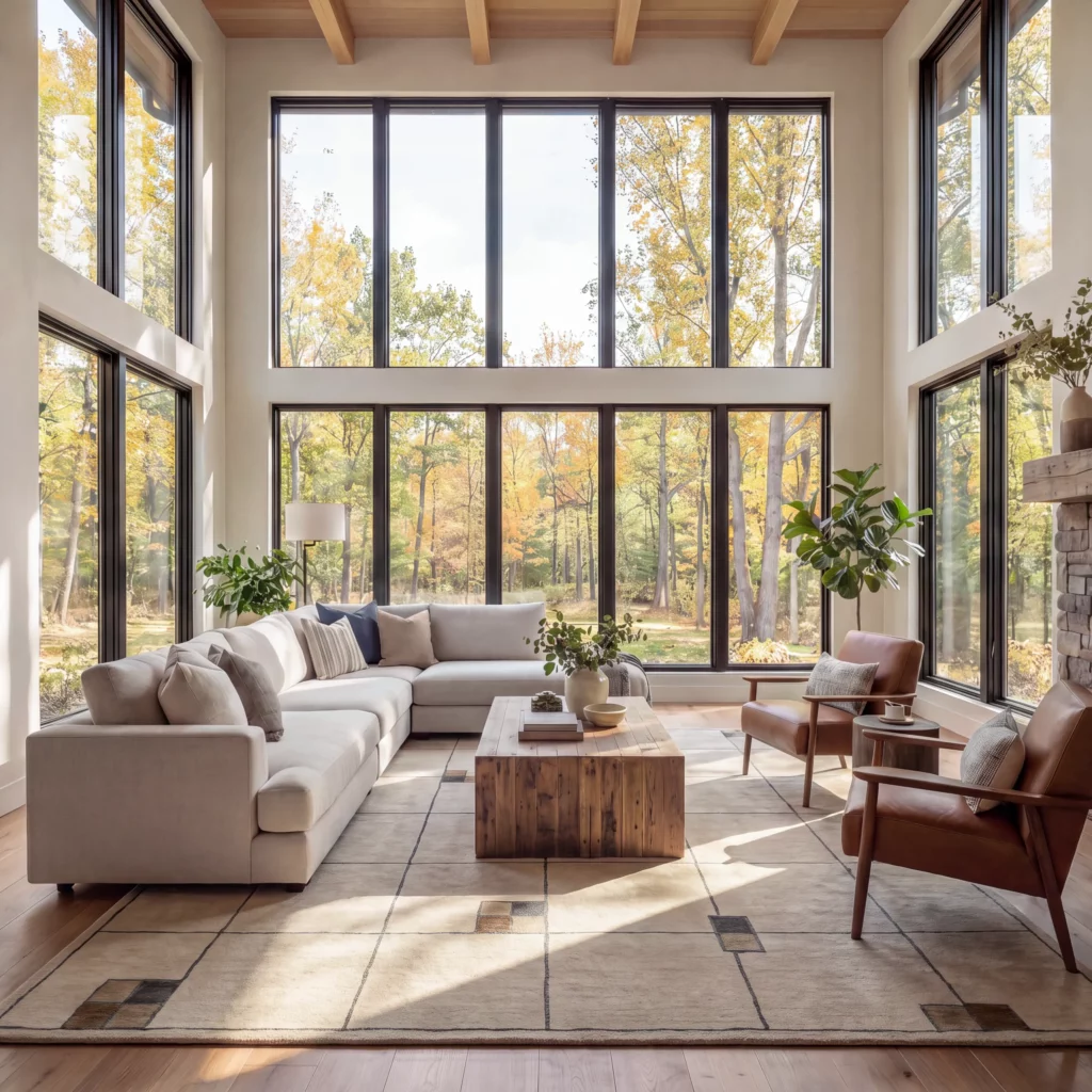 Christopher Guy Wool & Silk CGS04 Ecru rug with graphite and brown detail in a sunlit living room with a sectional and leather chairs.