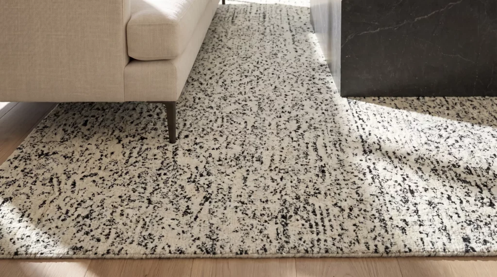 Close view of the CK042 Billows BIL01 Ivory Black area rug beneath an ivory sofa and dark stone coffee table.