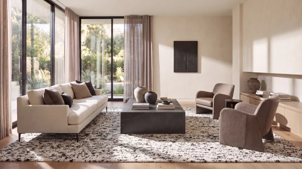 CK042 Billows BIL01 Ivory Black area rug beneath neutral seating in a sunlit modern living room.