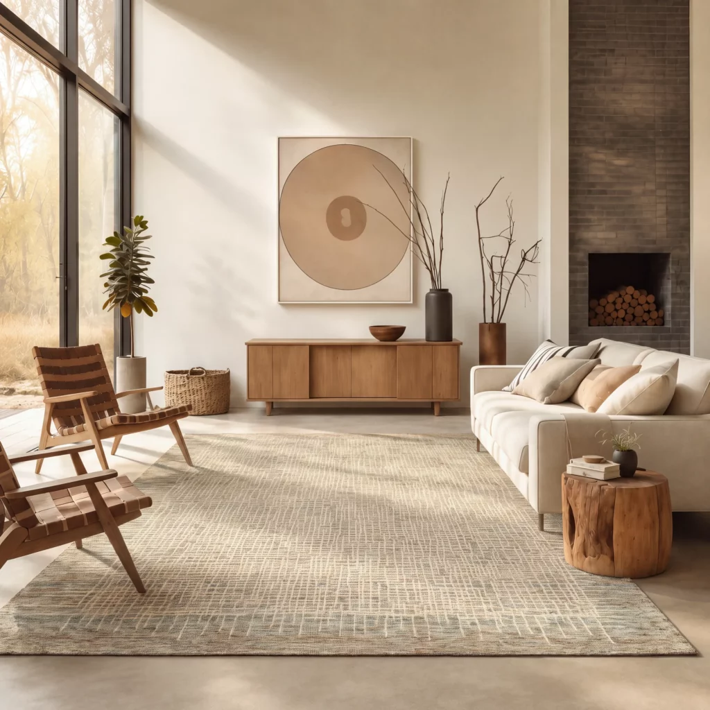 Colorado CLR03 Beige Multicolor wool rug in a sunlit minimalist living room with a cream sofa, leather sling chairs, and a brick fireplace.