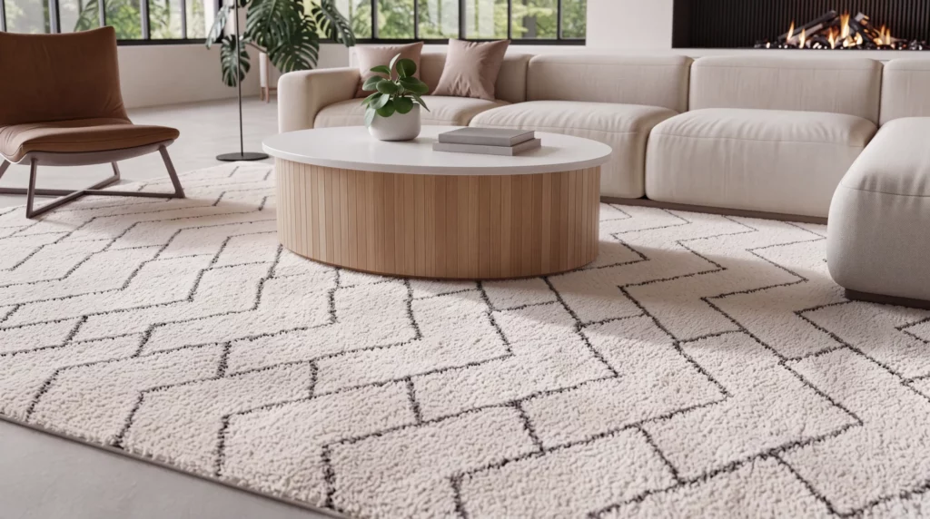Dreamy Shag DRS03 Ivory Grey area rug beneath a round wood coffee table in a neutral living room.