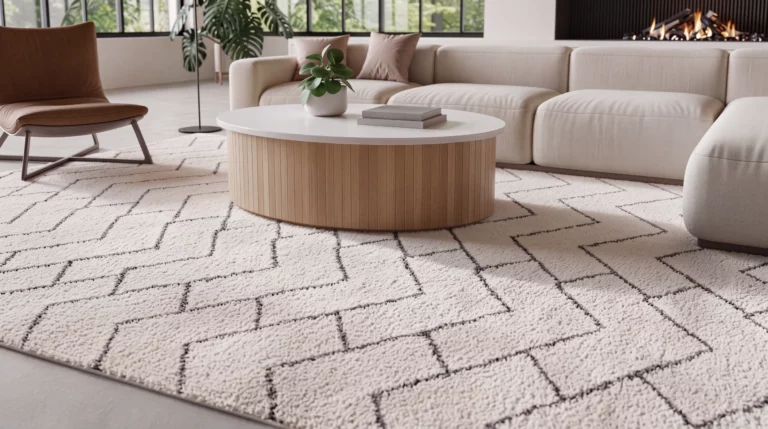 Dreamy Shag DRS03 Ivory Grey area rug beneath a round wood coffee table in a neutral living room.
