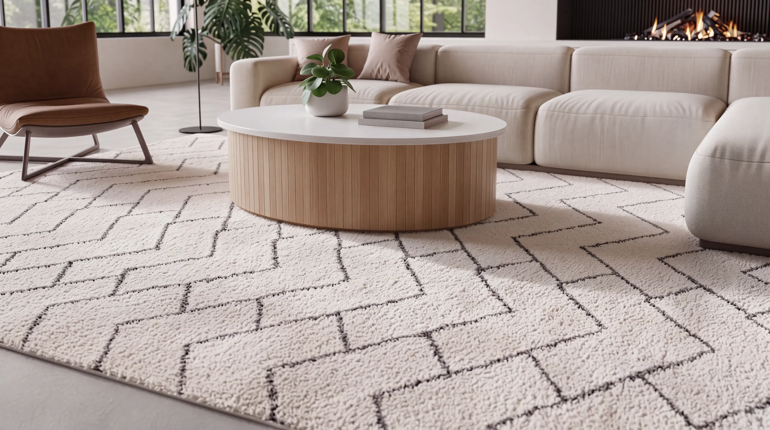 Dreamy Shag DRS03 Ivory Grey area rug beneath a round wood coffee table in a neutral living room.