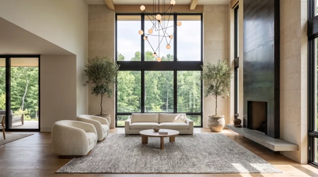 Grey and silver hand-knotted rug with a drybrush watercolor effect in a double-height living room with stone walls, a cream sofa, and bouclé swivel chairs