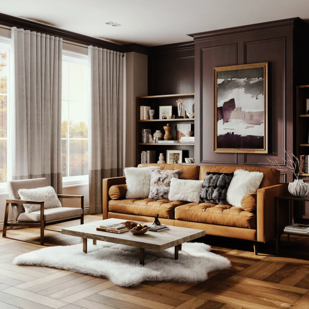 White faux fur from the Mina Victory Faux Fur Collection layered under a stone coffee table, with faux fur pillows on a tan leather sofa.