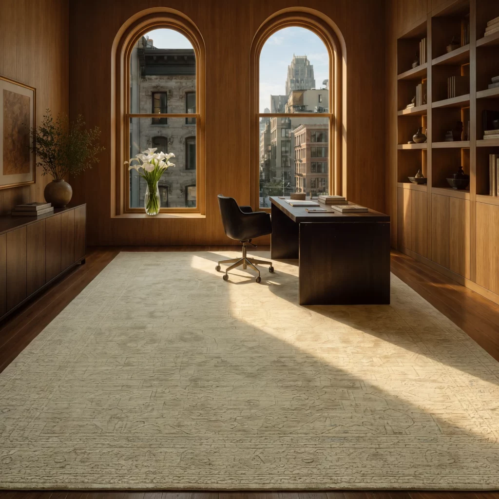 Ravello RVL02 Ivory Grey wool rug with a floral medallion pattern in a wood-paneled study with arched windows.