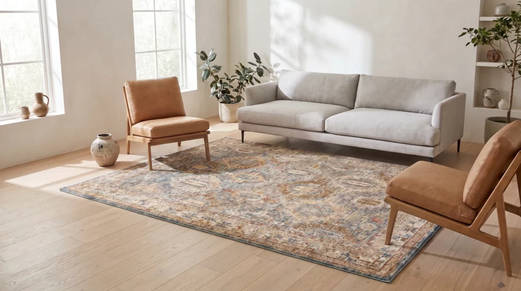 Sahar SHR01 Blue area rug in a sunlit living room with a gray sofa and tan leather chairs.