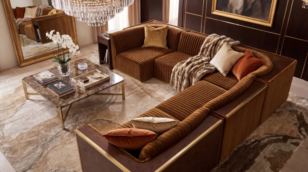 Beige and silver abstract hand-knotted rug with a flowing gorge-inspired pattern, under a channel-tufted cognac velvet sectional and crystal chandelier