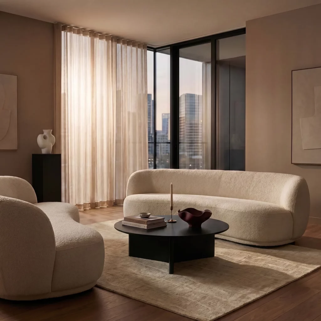 Taupe silk area rug in a warm-lit high-rise living room with curved cream bouclé seating, a black oval coffee table, and city views at dusk