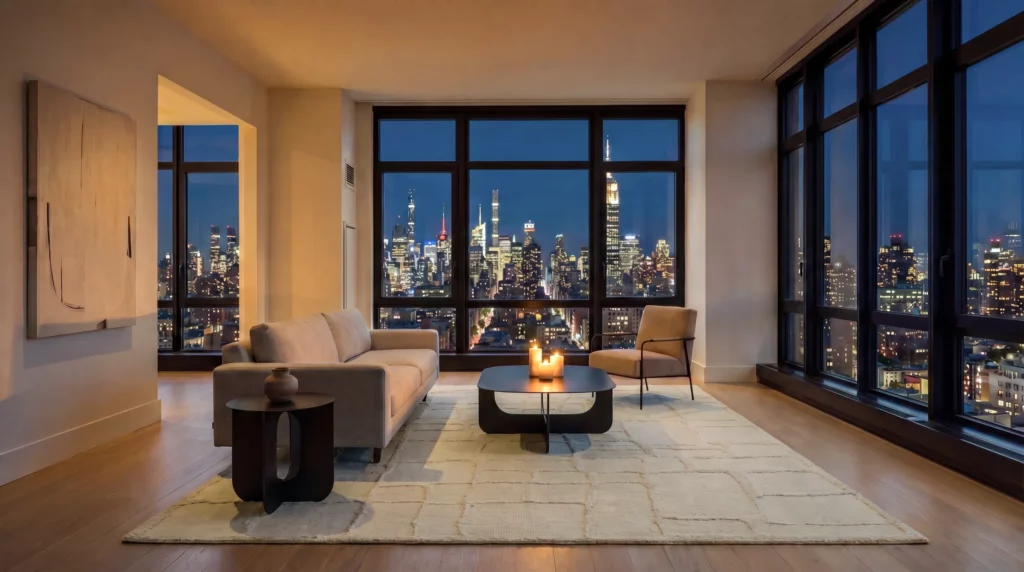 Blanco BLO02 Ivory area rug beneath neutral seating in a modern living room overlooking the city at night.