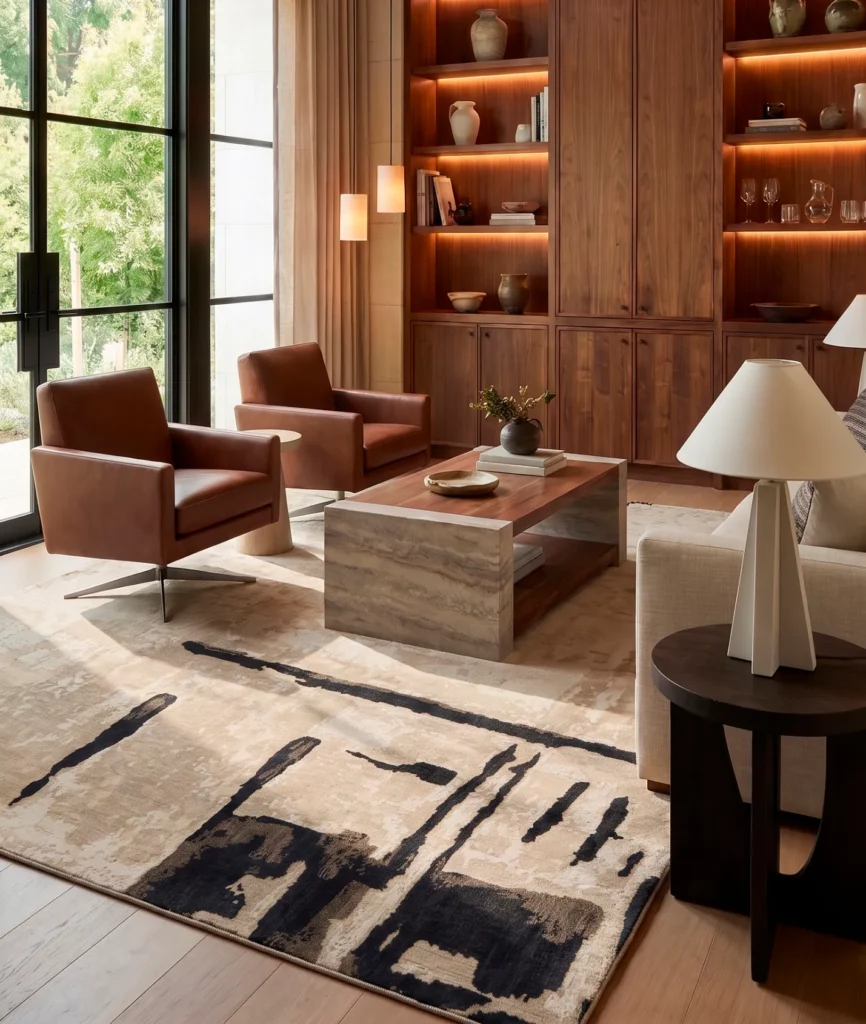 Christopher Guy CGS11 Sea Sand area rug beneath brown leather chairs and a wood coffee table in a modern living room.