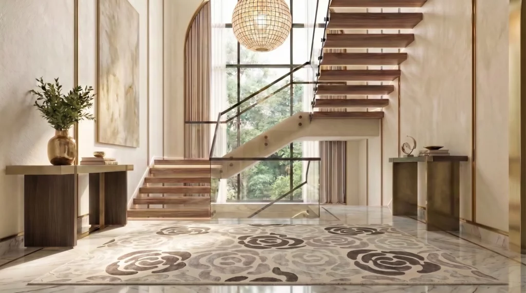 Ivory, gray, and taupe hand-knotted rug with an oversized abstract camellia motif in a marble entryway with a floating walnut staircase