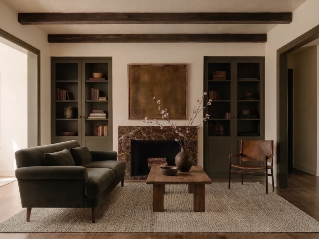 Calvin Klein Riverstone CK940 Mocha rug beneath a dark sofa and wood coffee table in a warm neutral living room.