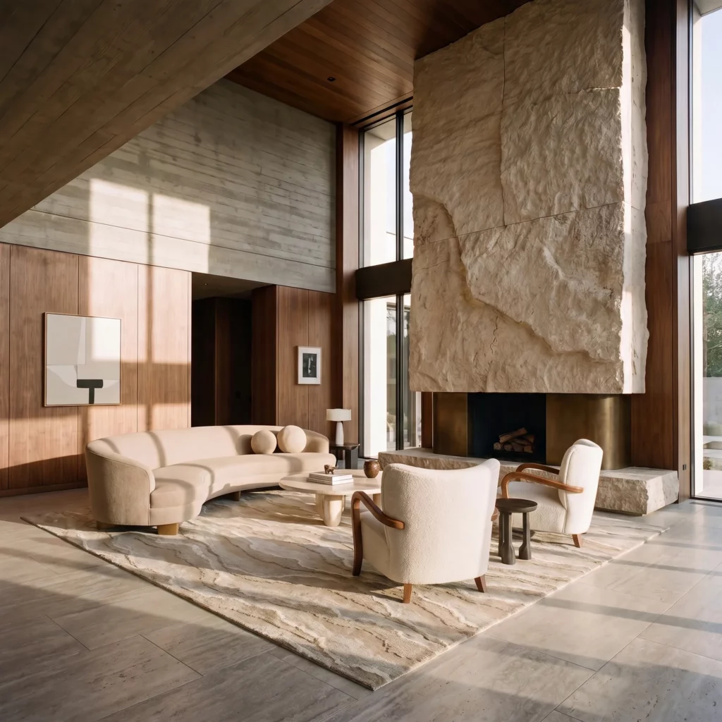 Beige and tan hand-knotted rug with a flowing abstract pattern in a double-height living room with a raw stone fireplace, walnut paneling, and a curved cream sofa
