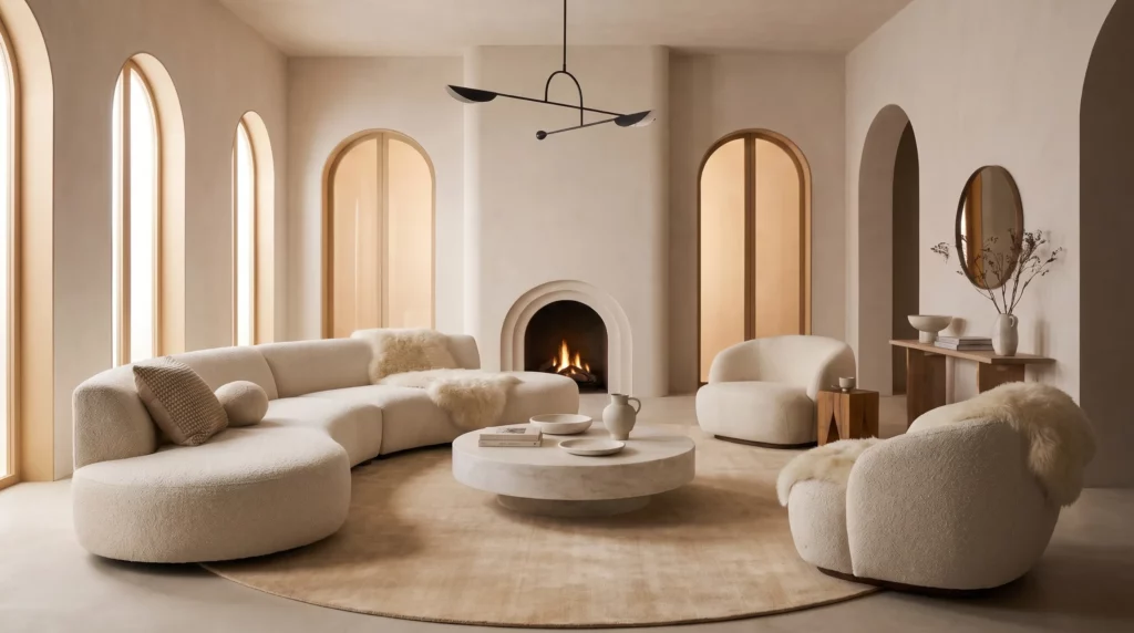 Large round camel-toned plush rug in a curved plaster living room with cream bouclé seating, a round marble table, and an arched fireplace