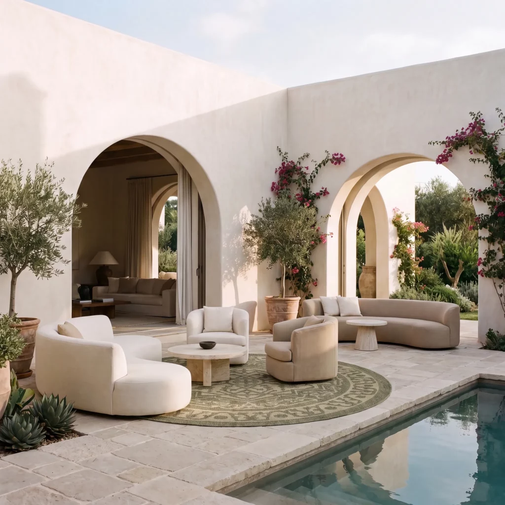 Round Tulum TLM05 Olive area rug beneath cream seating on a Mediterranean-style poolside patio.