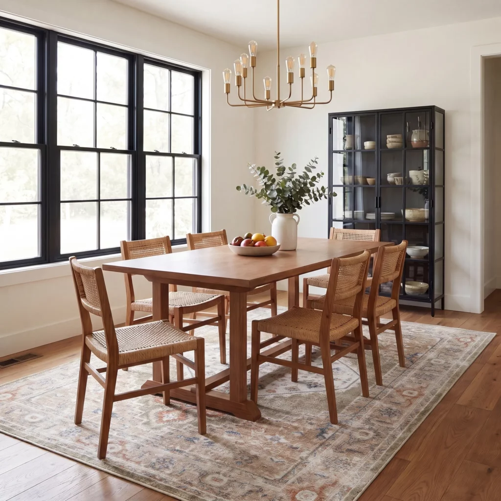 Dining room with a wooden table, woven chairs, and an Astra Washables ASW11 Sage Multi area rug featuring a softly distressed multicolor pattern.