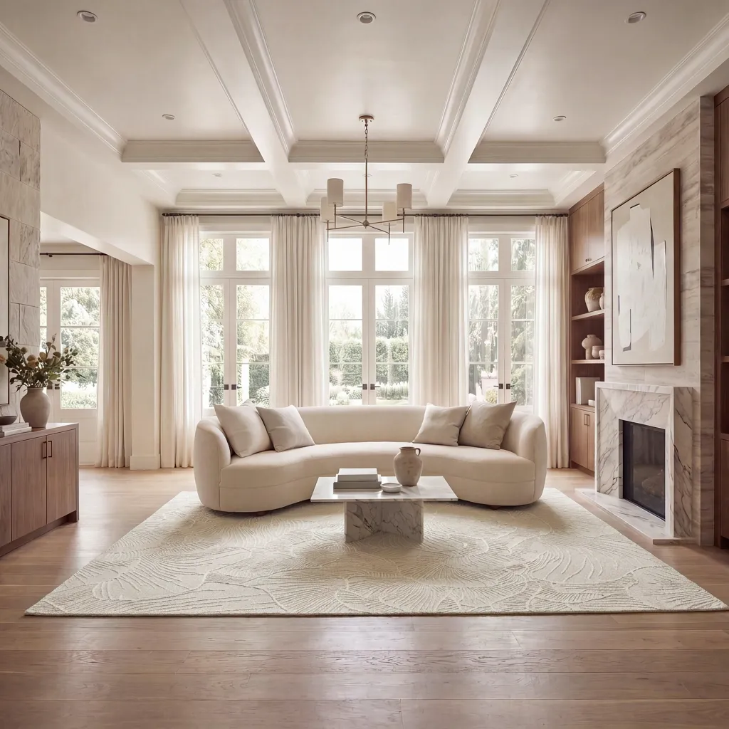 Neutral living room with a curved cream sofa, marble coffee table, and Avra AVR01 Ivory area rug featuring a textured botanical pattern.