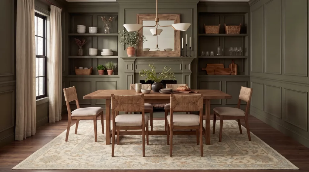 Dining room with olive green paneled walls, a wooden dining table, woven chairs, and a Celia CIA01 Ivory area rug with a subtle geometric pattern.