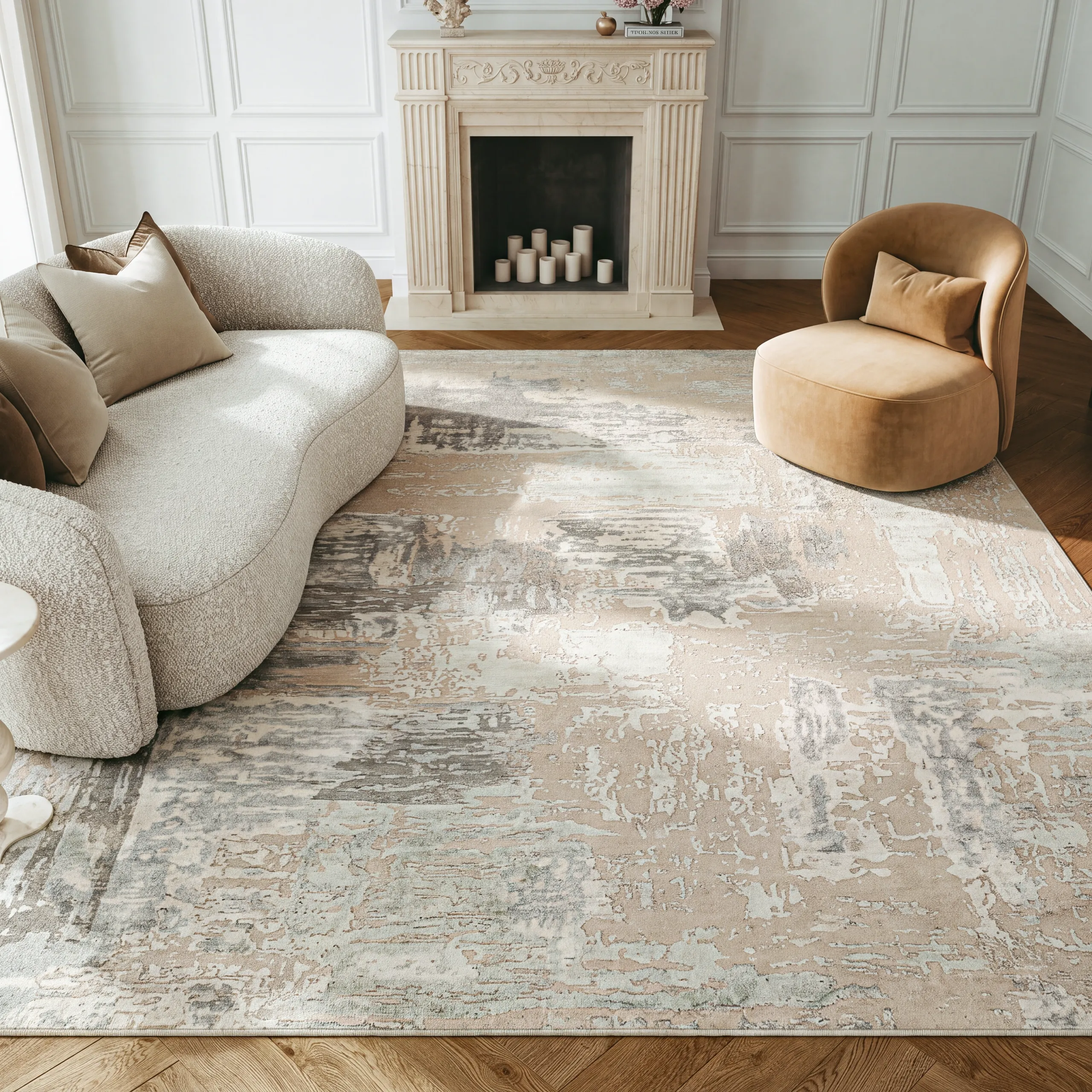 Nourison Home Christopher Guy Wool & Silk CGS06 Ajmer area rug with an abstract ivory, beige, and gray pattern beneath a curved cream sofa beside a tan accent chair.