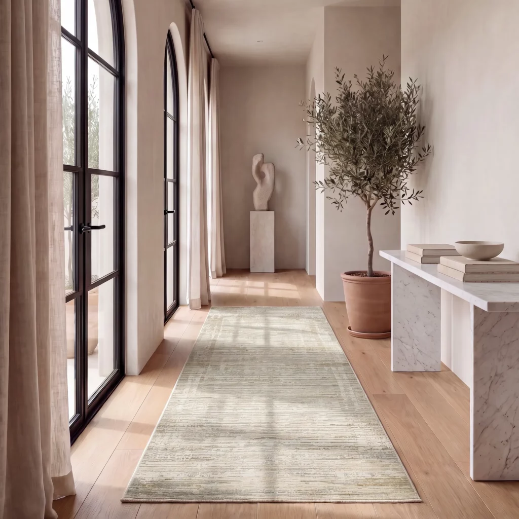 Sunlit hallway with arched windows, light wood floors, a marble console table, and a CK078 Summit SUM03 Natural Ivory runner rug.