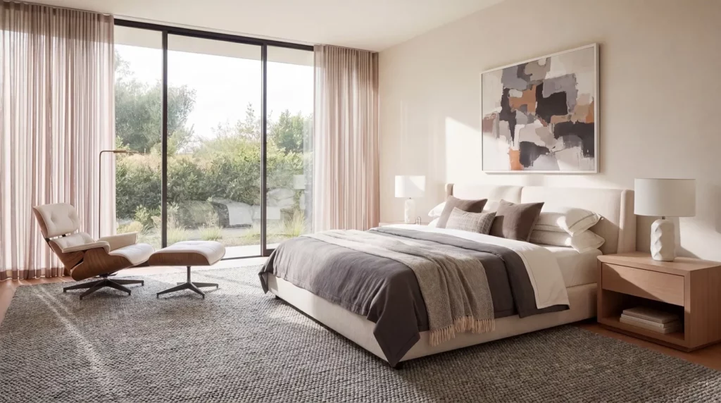Contemporary bedroom with a platform bed, upholstered lounge chair, and Pure Knots KNT01 Grey area rug featuring a chunky looped texture.