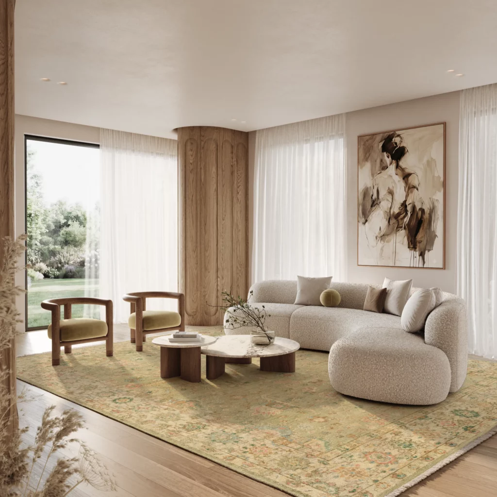 Nourison Home Heritage Vine HTV07 Green area rug with a vintage-inspired floral pattern beneath a curved cream sofa and two wooden accent chairs.
