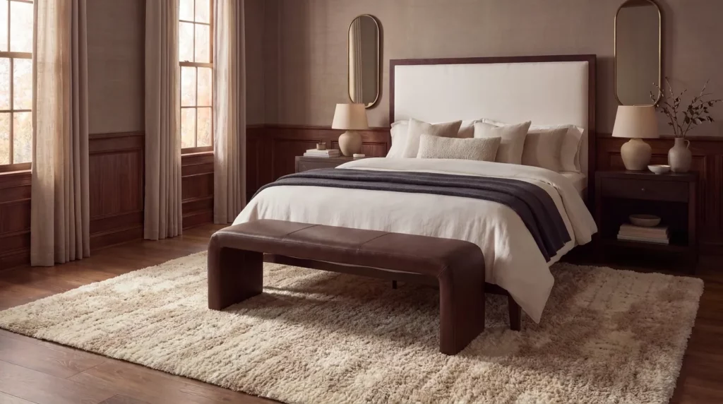 Warm neutral bedroom with a wooden bed, upholstered bench, and Luxurious Shag LXR01 Ivory Beige area rug featuring a thick, plush pile.