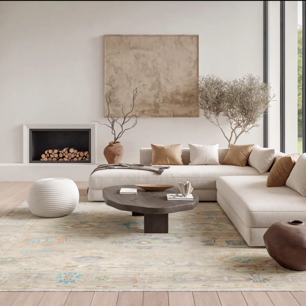 Nourison Home Odessa ODS07 Ivory Multicolor area rug with a distressed Persian-inspired pattern beneath a cream sectional sofa and dark wood coffee table.