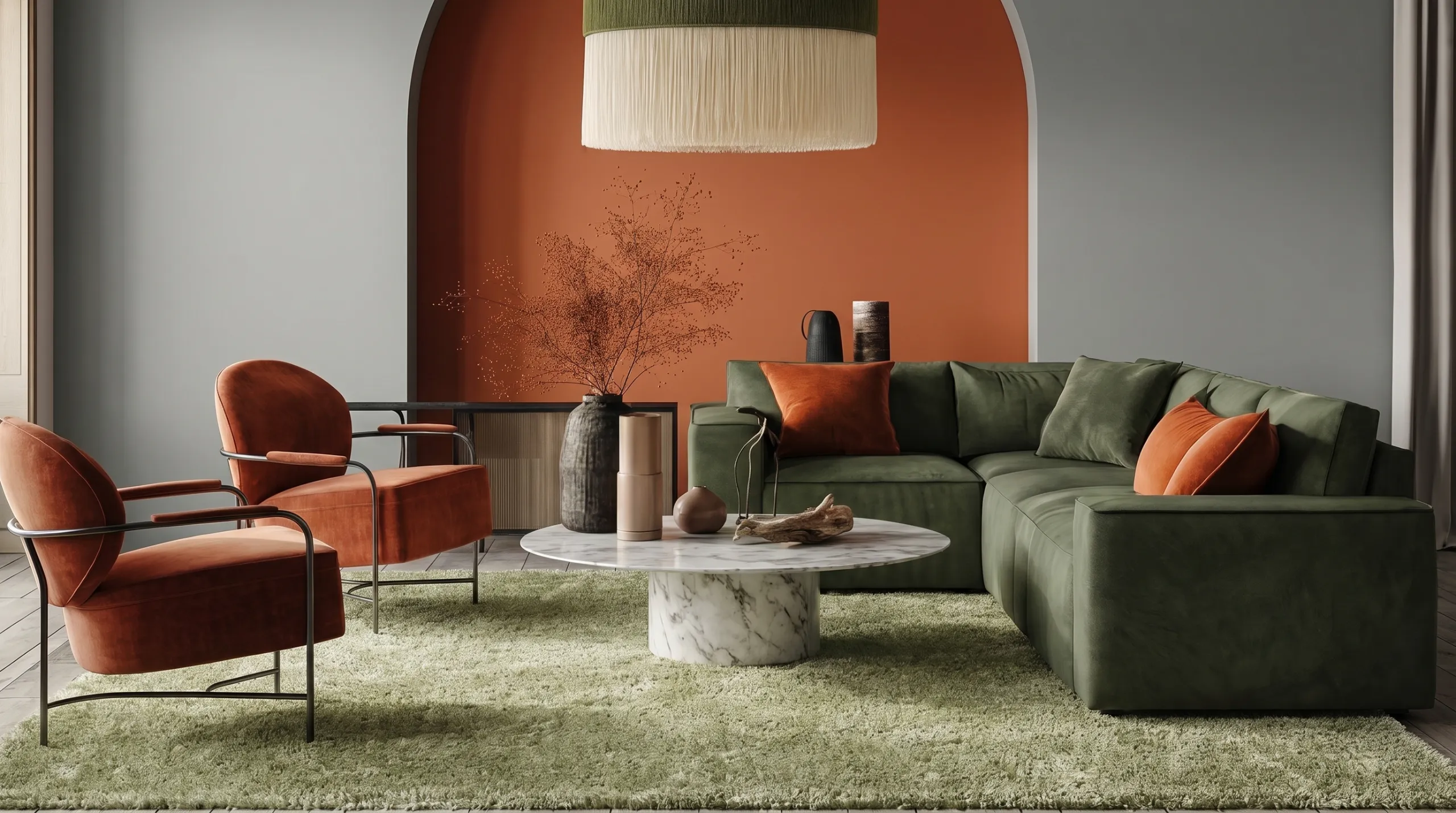 Living room with a green sectional sofa, rust-colored accent chairs, marble coffee table, and Pacific Shag PCS01 Green area rug.